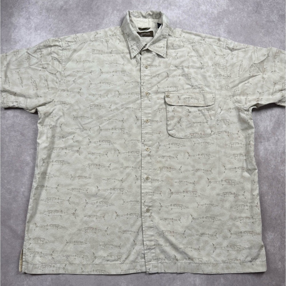 Wrangler Outdoors Men's Sz XL Short Sleeve‎ Shirt Beige Khaki AOP Fishing Casual